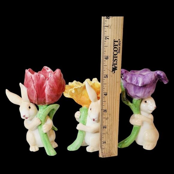 Set of 3 Magenta Seasonal Collection Ceramic Bunny Rabbit Candle Holder Flowers - Picture 13 of 15